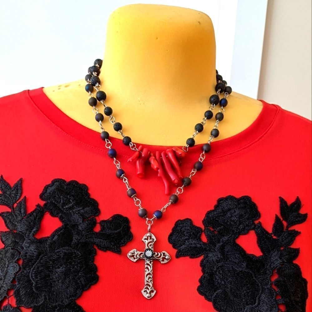 Handmade Goth Red Coral Lava Stone Necklace